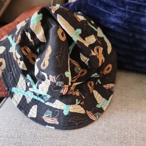 Black Bucket Hat with Turquoise and Gold Feather Print
